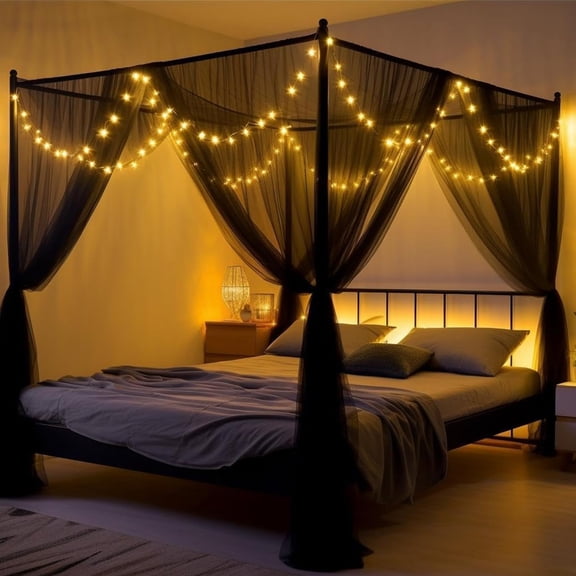 Mosquito Net Bed With 66ft Led Star String Lights  Black Netting Four Corner Curtains Elegant