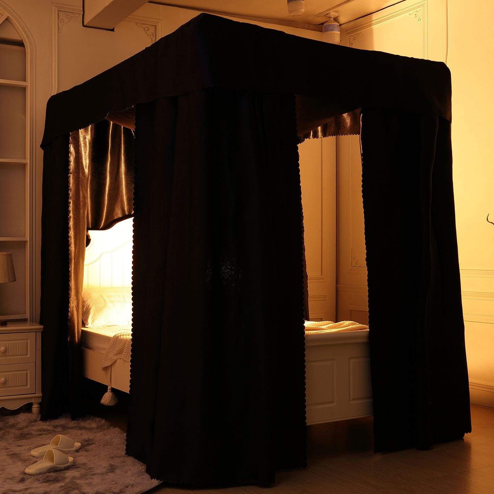 Mosquito Net For Bed 100% Blackout 4 Corner Bed Canopy Easy Home Princess Bed Canopy Curtain For Girl Beds Kids Bedroom,Black,Queen
