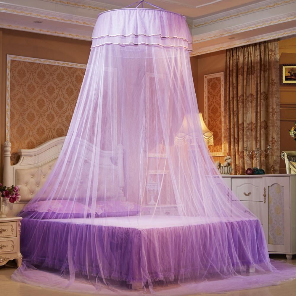 Mosquito Net for Girl Bedroom Queen Size Bed with String Light,Bed Canopy Round Lace Dome Bed Tent Hanging Curtain 27.5 "x 102" Mosquito Net and Drapes Kids Canopy Bed,Purple