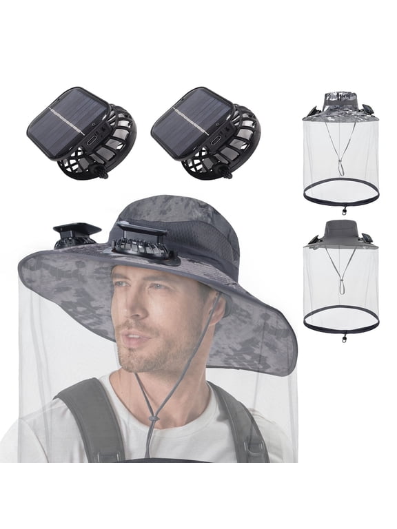 Solar Fan Hat with Mesh, AYAMAYA UPF50+ USB Charging Solar Fans Sun Hat with Mosquito Net & Wide Brim for Working Hiking
