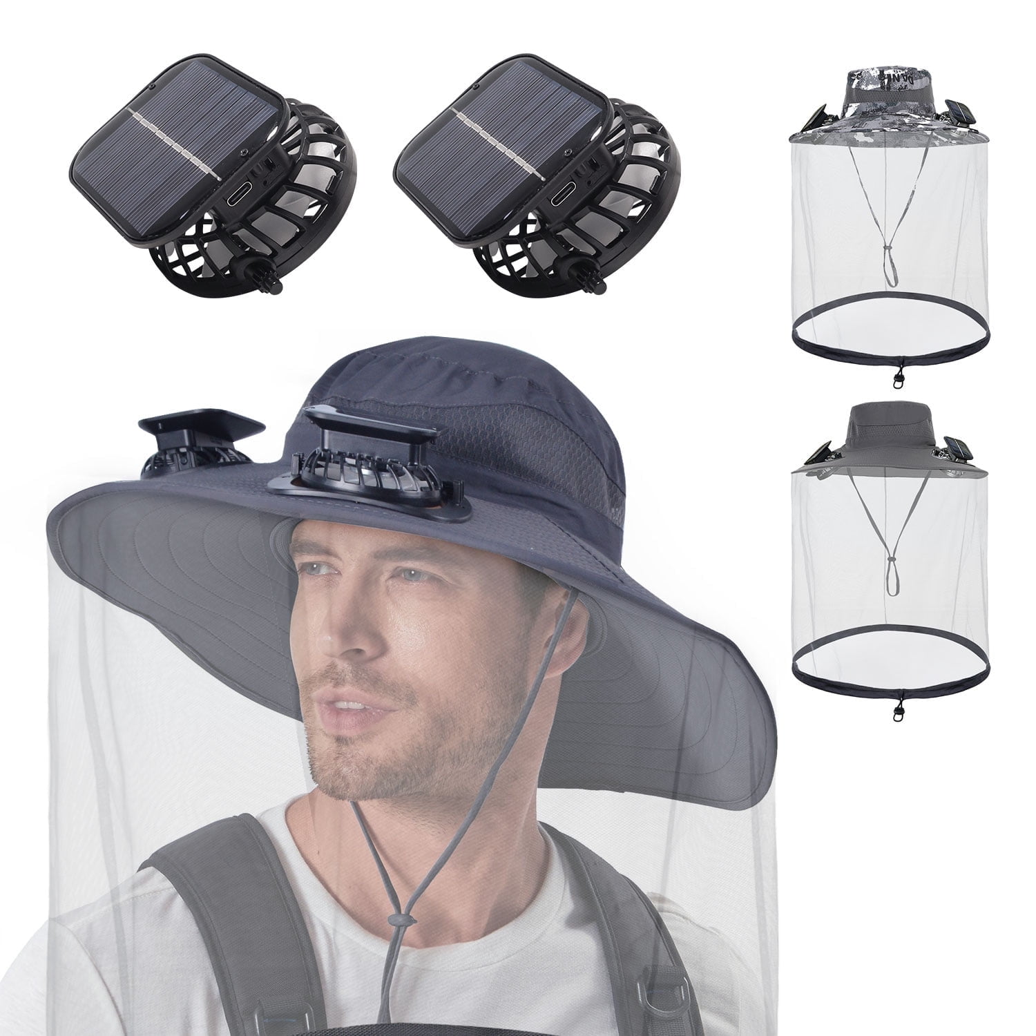 Solar Fan Hat with Mesh, AYAMAYA UPF50+ USB Charging Solar Fans Sun Hat with Mosquito Net & Wide Brim for Working Hiking