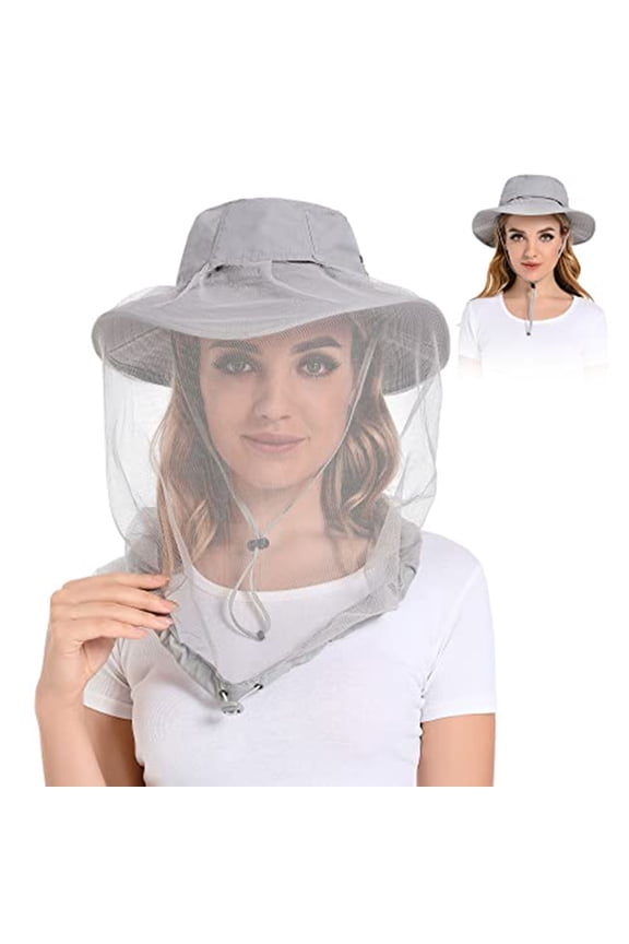 Mosquito Net Hat, UPF 50+ Sun Protection, with Hidden Netting for Beekeeping, Hiking, Men and Women/light grey