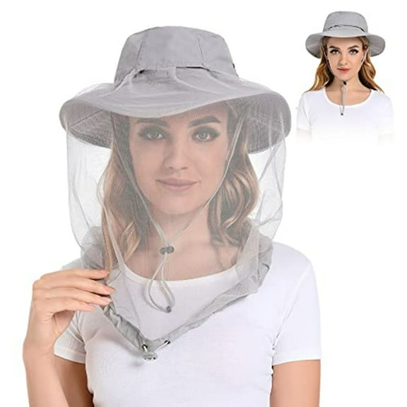 Mosquito Net Hat, UPF 50+ Sun Protection, with Hidden Netting for Beekeeping, Hiking, Men and Women/light grey