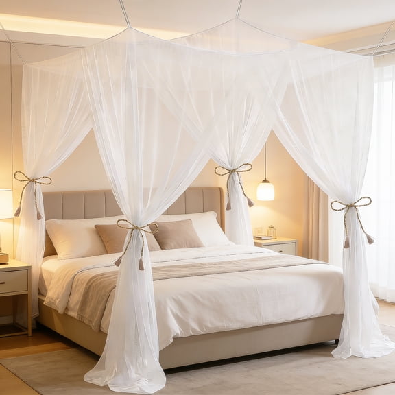 Mosquito Net for Single to King-Sized Beds – 4 Side Openings & 8 Hanging Loops – Decorative Rectangular Shape for Home & Travel – Bed Canopy Hanging Kit & Carrying Bag Included