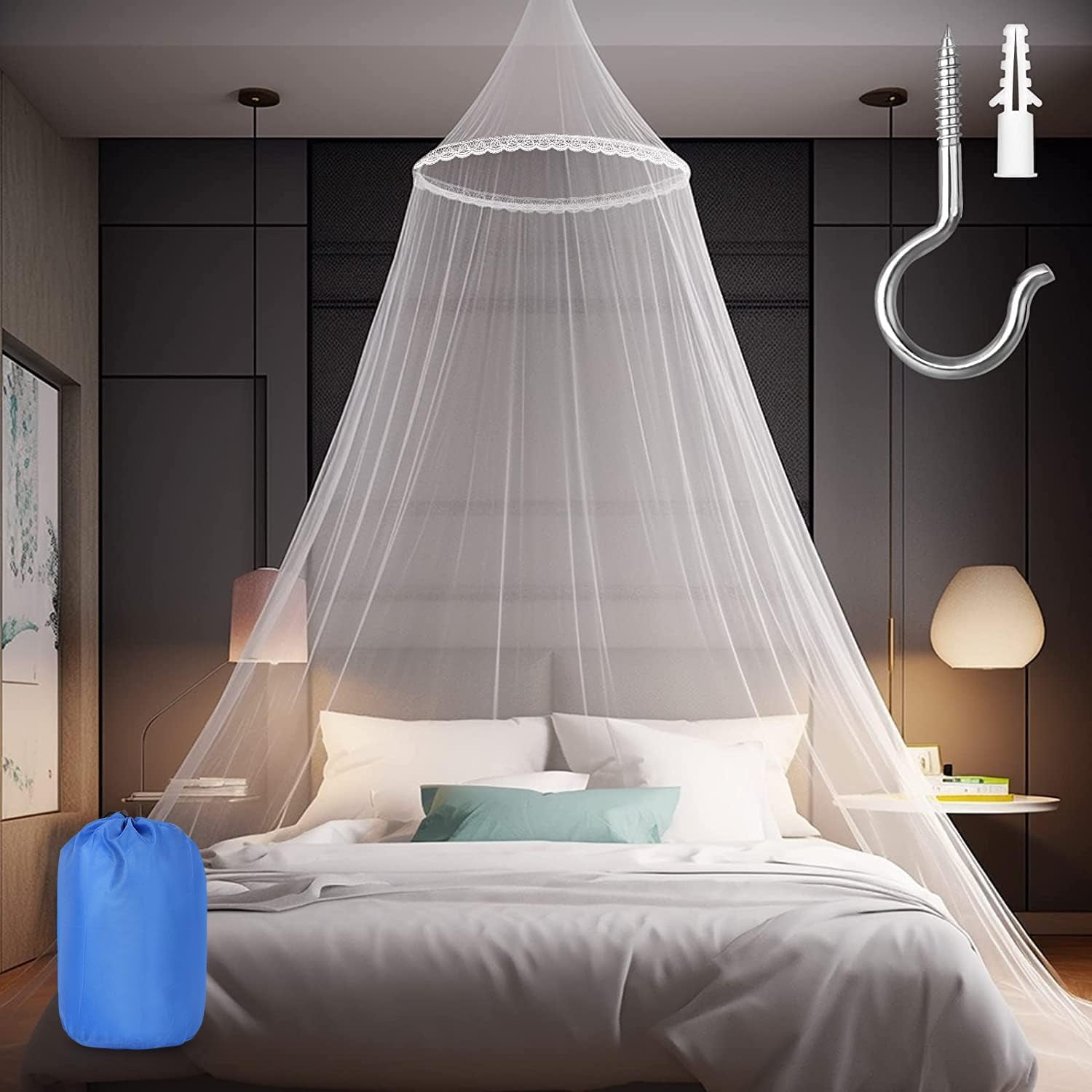Mosquito Net for Bed, Large White Bed Canopy for Girls, Hanging Bed Net, Ideal for Bedroom Decorative, Travel with Storage Bag (Round)