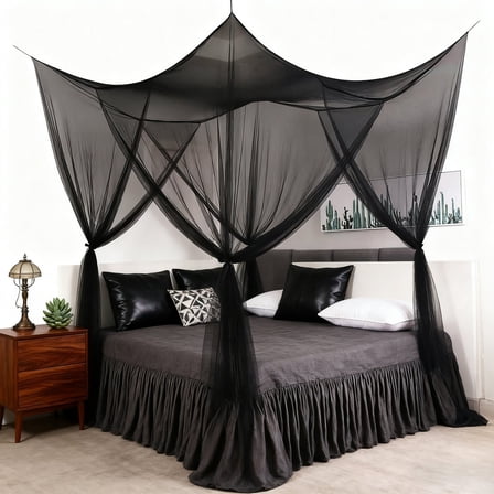 Mosquito Netting, Bed Canopy Mosquito Net for Bed, Canopy Bed Curtains for Twin Full Size, 4 Corner Post Bedroom Canopy for Kids Adults, Square Bed Drapes Home Decor,  Black
