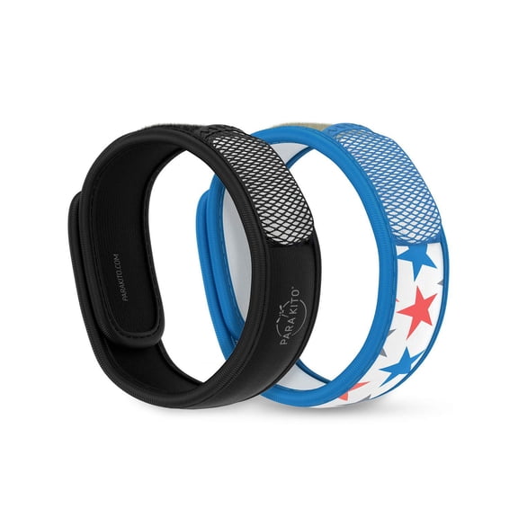 PARA'KITO Mosquito Repellent Bracelet + Refill Pellets Bundle, Mosquito Bracelets, Peppermint Oil, DEET Free Mosquito Repeller, Hiking Accessories, 2 Wristbands & 2 Refills Black + Stars