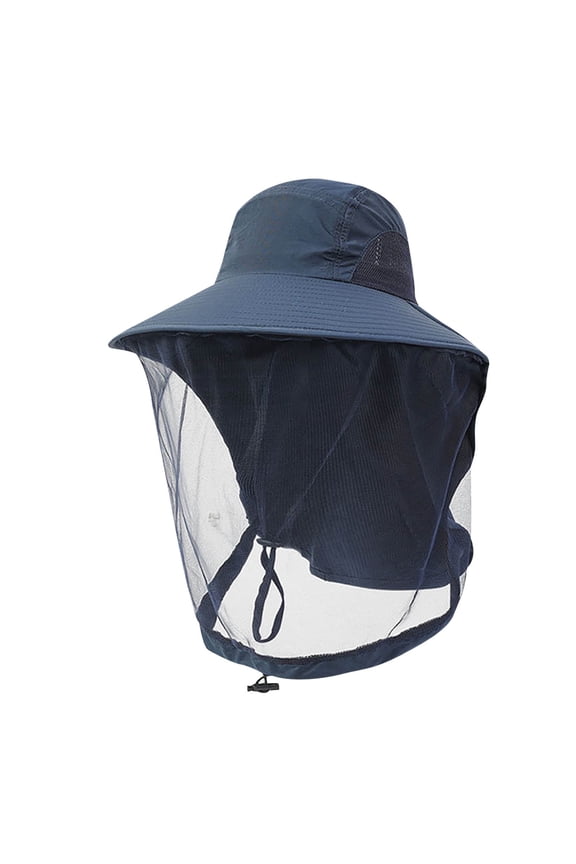 Mosquito Safari Mesh Net Hat with Neck Flap, Sun Protection Women Men Bug Cap, Hidden Netting Boonie for Fishing Navy