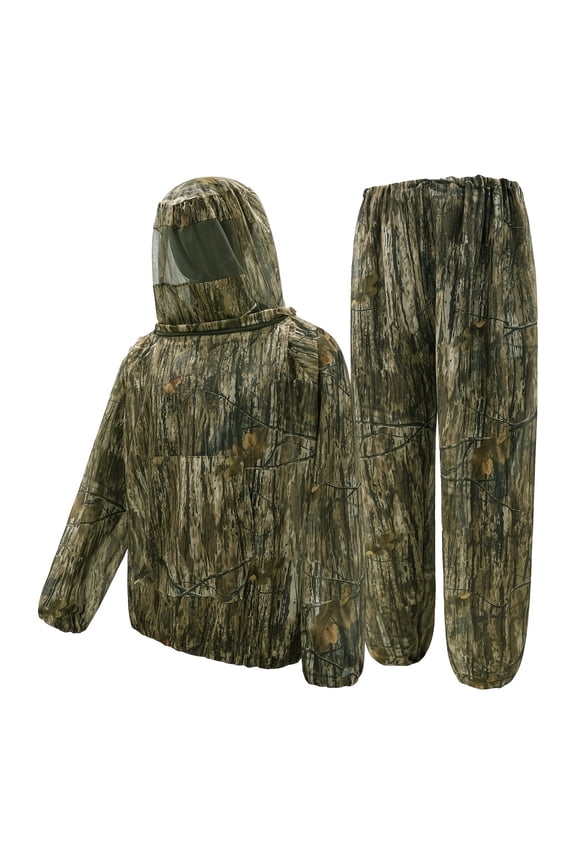 Mosquito Suit for Men Women Hunting Fishing Camo Mesh Suit with Hood Outdoor Protection 2 Piece Set Full Body Breathable Bug Net Clothing Army Green M