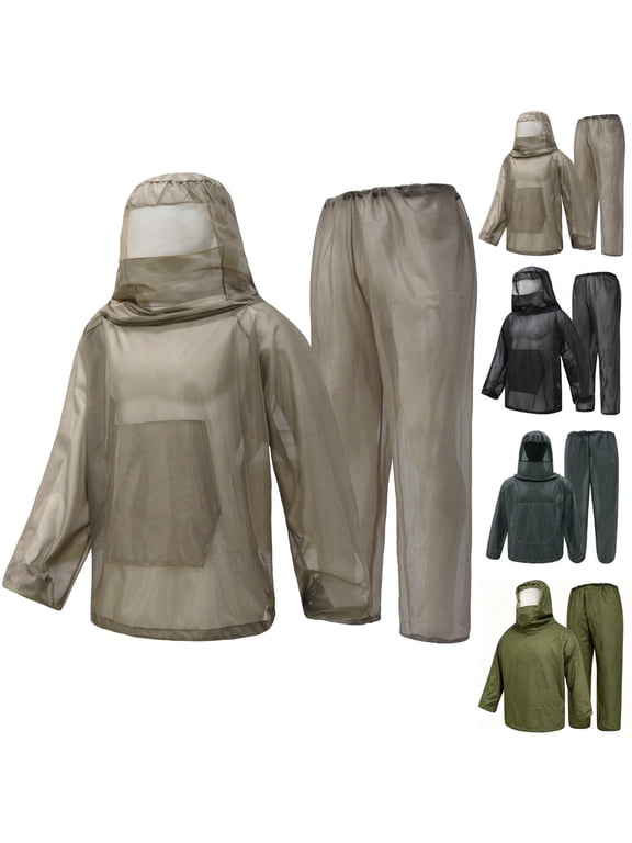 Mosquito Suit for Men Women Fishing Hiking Mesh Suit with Hood Outdoor Protection 2 Piece Set Full Body Breathable No-See Garden Camping Khaki S
