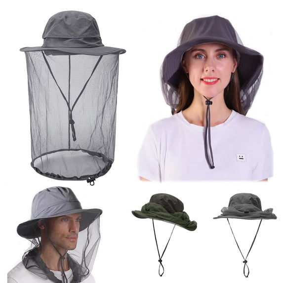 Mosquito Sun Net, DIDADI Safari Sun Hat with Veil Mesh & Adjustable Straps UV and Insect Protection for Fishing Boating Camping (Gray)