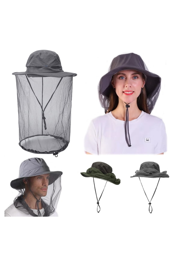Mosquito Sun Net, DIDADI Safari Sun Hat with Veil Mesh & Adjustable Straps UV and Insect Protection for Fishing Boating Camping (Gray)