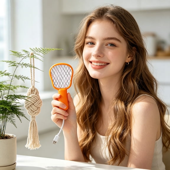 Mosquito Zapper, Zapper Racket, Electric Bug Zapper Racket, Rechargeable Swatter, 7X3.5 Inch Auto Attract Orange Handheld Usb Rechargeable Electric Swatter for Indoor Home and