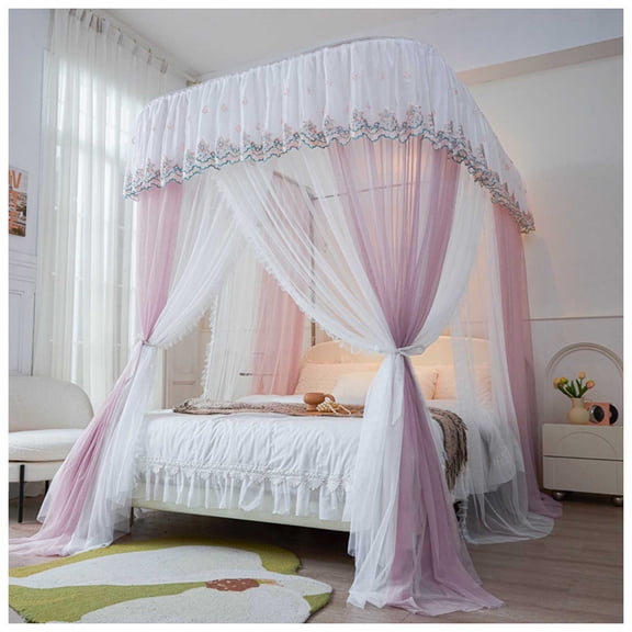 Mosquito net bed, luxurious bed canopy made of mesh & fabric, with ruffle decoration, double-layer canopy for bedroom decoration,