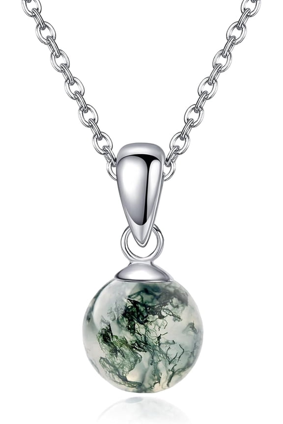 Moss Agate/Amethyst/Rose Quartz/Jade/Larimar/Opal Necklace Sterling Silver Natural Gemstone Ball Pendant Necklace Gemstone Jewelry for Women