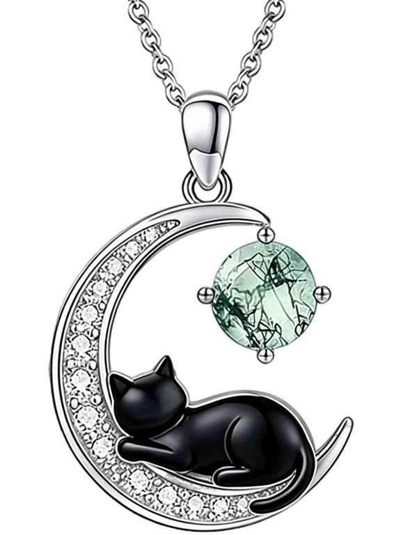 Moss Agate Cat Necklace S925 Sterling Silver Black Cat Crescent Moon Pendant Hypoallergenic Animal Jewelry Gift For Cat Lovers Women