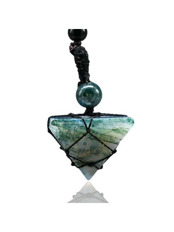 Moss Agate Crystal Pyramid Macrame Necklace, Unique Women Men Pendant