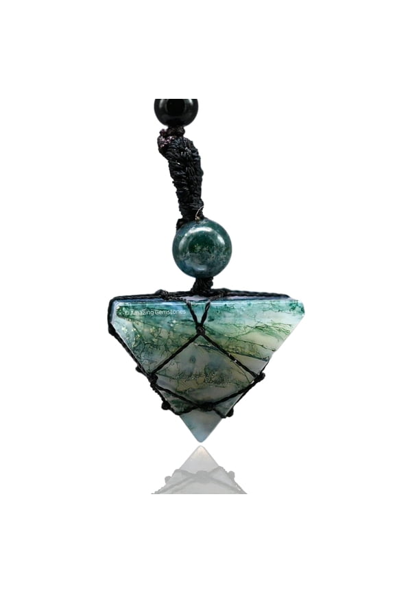 Moss Agate Crystal Pyramid Macrame Necklace, Unique Women Men Pendant