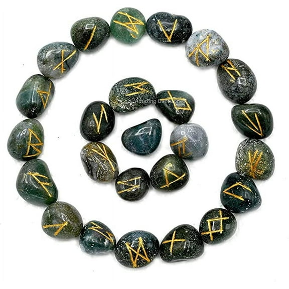 Moss Agate Crystal Runes Stone Set Elder Futhark