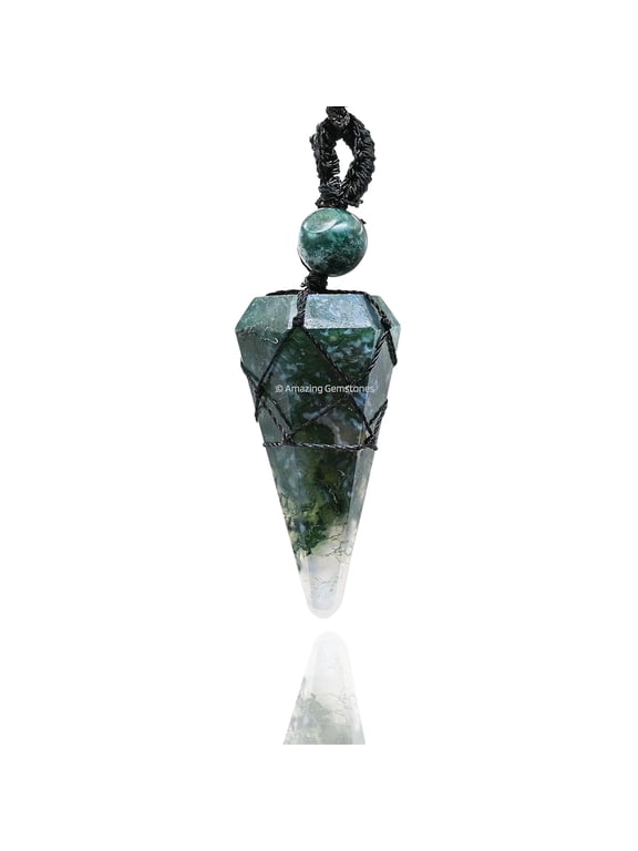 Moss Agate Crystal Stone Holder Necklace Pendulum, Unique Women Men Necklace (Black Macrame)