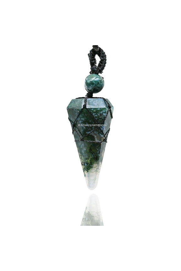 Moss Agate Crystal Stone Holder Necklace Pendulum, Unique Women Men Necklace (Black Macrame)