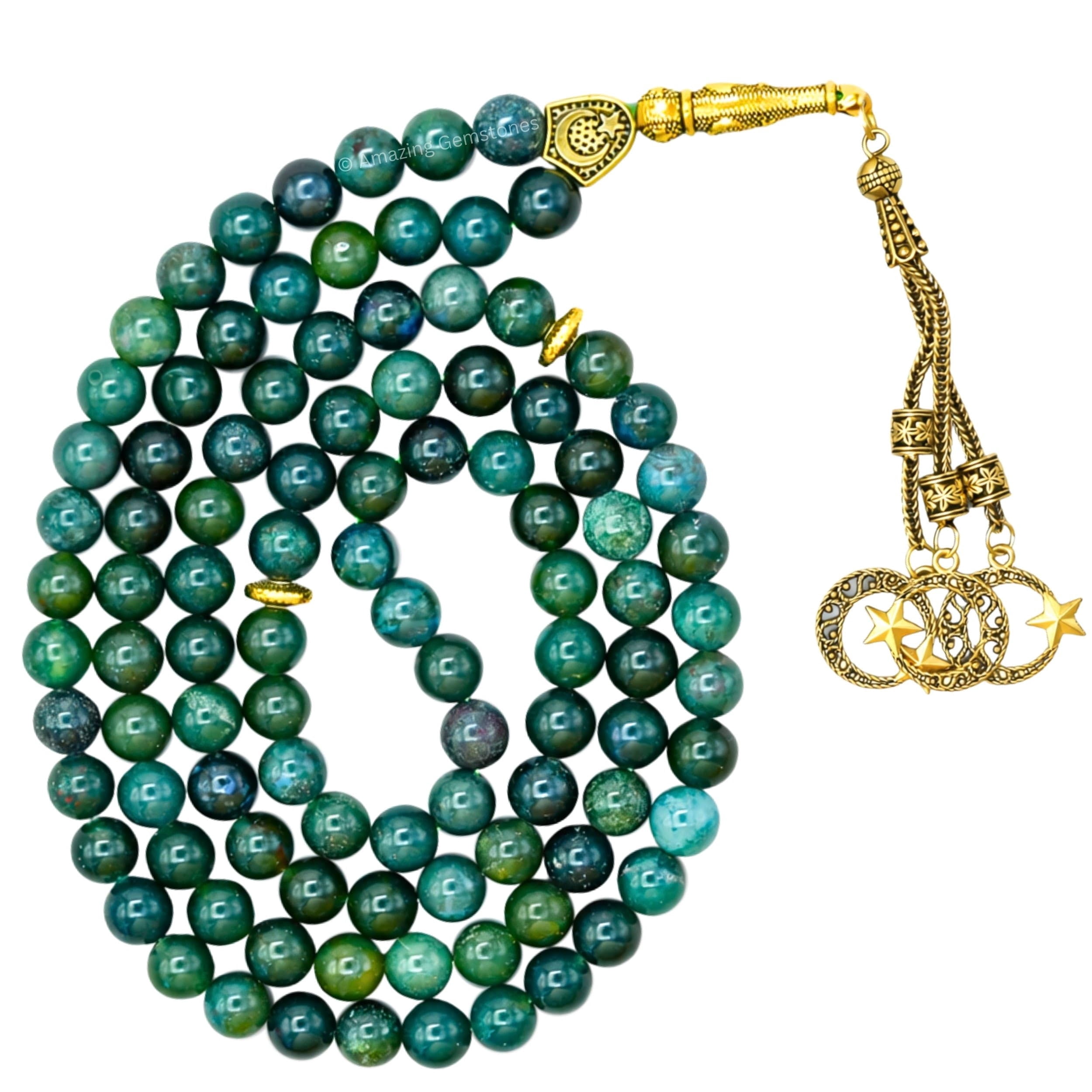 Moss Agate Crystal Tasbeeh Prayer Beads, Muslim Islamic Tasbih for Dhikr, Namaz and Ramadan Gift (Golden)