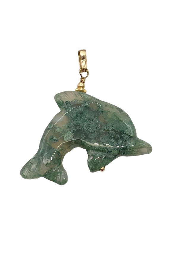 Moss Agate Dolphin 14K Gold Filled Pendant | 1 1/2" Long | Green | 1 Pendant |
