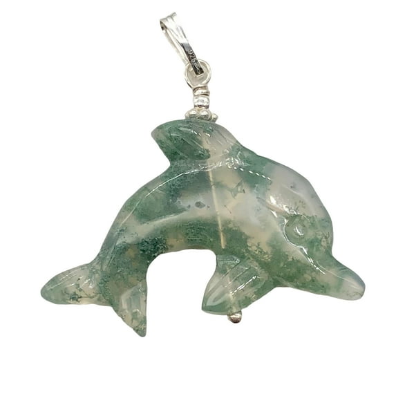 Moss Agate Dolphin Sterling Silver Pendant | 1 1/2" Long | Green | 1 Pendant |
