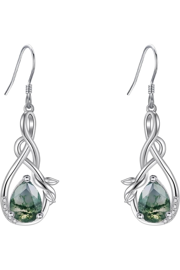 Moss Agate Earrings 925 Sterling Silver Infinity Natural Moss Agate Teardrop Dangle Drop Earrings Green Gems Engagement Wedding Jewelry Gift for Women
