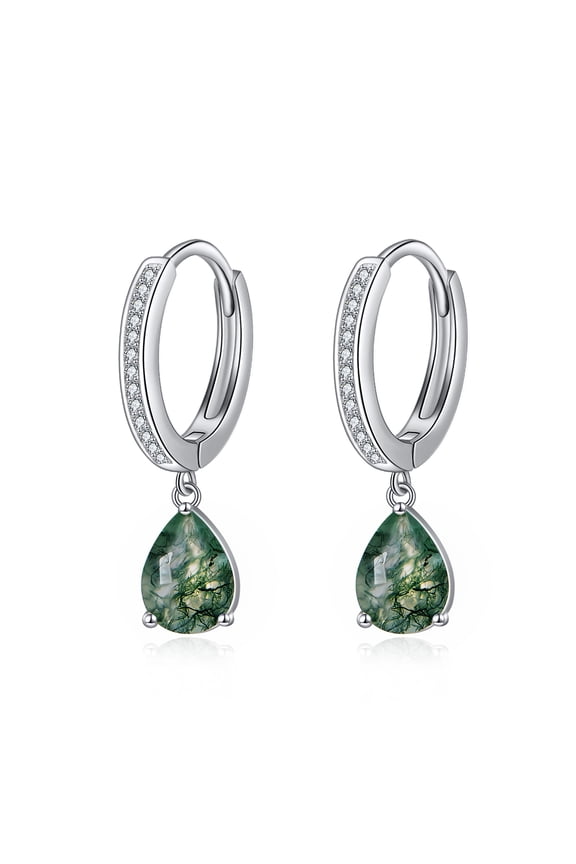 Moss Agate Earrings S925 Sterling Silver Teardrop Drop Dangle Earrings Zircon Hoop Earrings Agate Jewelry Gift for Women