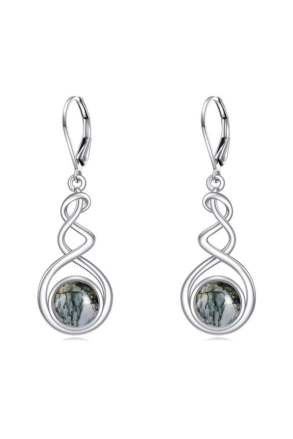 Moss Agate Earrings Sterling Silver Spiral Earrings Blue Moss Agate Leverback Earrings Spiral Dangle Earrings Moss Agate Jewelry Gifts for Women