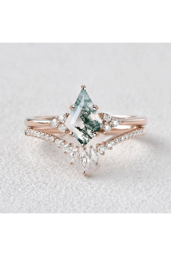 Moss Agate Engagement Ring 14k Gold Stackable Diamond Ring For Women Bridal Wedding Ring Gift