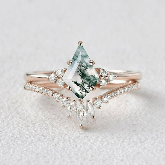 Moss Agate Engagement Ring 14k Gold Stackable Diamond Ring For Women Bridal Wedding Ring Gift