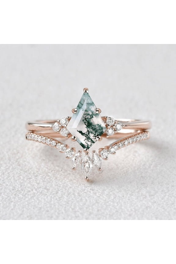 Moss Agate Engagement Ring 14k Gold Stackable Diamond Ring For Women Bridal Wedding Ring Gift