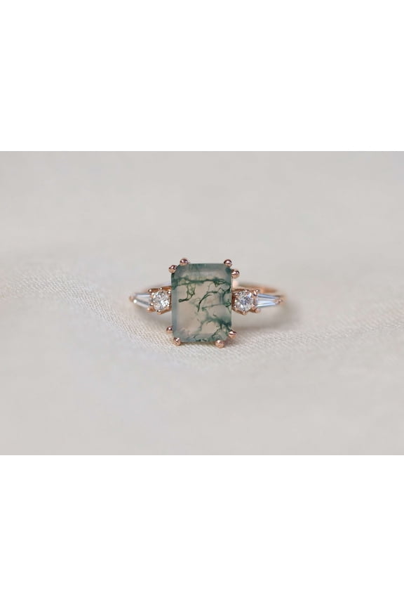 Moss Agate Engagement Ring, 925 Sterling Silver, Soliatire Ring, Rose Gold Plated, Birthday Gift For Her