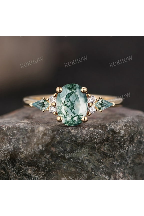 Moss Agate Engagement Ring Oval Gold Kite Cut Green Agate Moissanite Wedding Bridal Anniversary Ring Gift