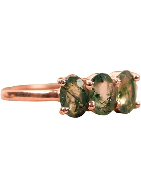 Moss Agate Gemstone Ring, Natural Moss Agate Ring, May Birthstone, Three Stone Ring, Healing Stone Ring, Womans Ring, 925 Sterling Silver, Fine Jewelry, Christmas Gift, Gift For Her