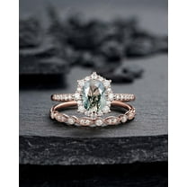 Moss Agate Halo Engagement Ring Set, Unique Oval Cut Mossy Agate Rose Gold Wedding Set, Moss Agate Bridal Set Anniversary Ring Gift