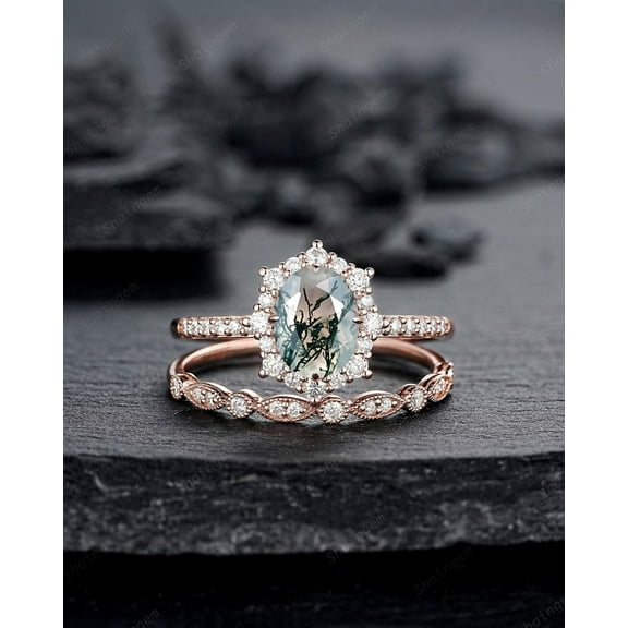 Moss Agate Halo Engagement Ring Set, Unique Oval Cut Mossy Agate Rose Gold Wedding Set, Moss Agate Bridal Set Anniversary Ring Gift