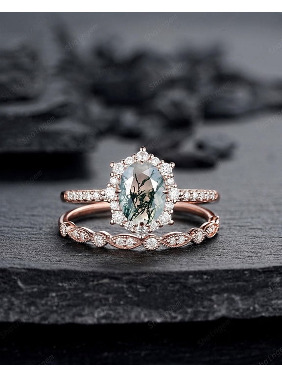 Moss Agate Halo Engagement Ring Set, Unique Oval Cut Mossy Agate Rose Gold Wedding Set, Moss Agate Bridal Set Anniversary Ring Gift