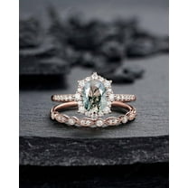 Moss Agate Halo Engagement Ring Set, Unique Oval Cut Mossy Agate Rose Gold Wedding Set, Moss Agate Bridal Set Anniversary Ring Gift