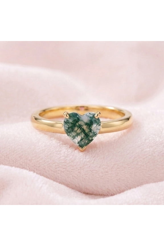 Moss Agate Heart Ring, 925 Sterling Silver Yellow Gold Plated Proposal Band Ring, Minimalist Ring, Wedding Anniversary Gift For Her, June Birthstone Ring