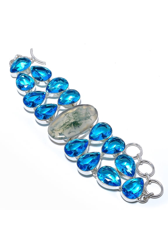 Moss Agate - India & Blue Topaz 925 Sterling Silver Ethnic Bracelet 7.99" F2548, Beautiful Jewelry For Woman, New Year Sale, Valentin's Day Gift