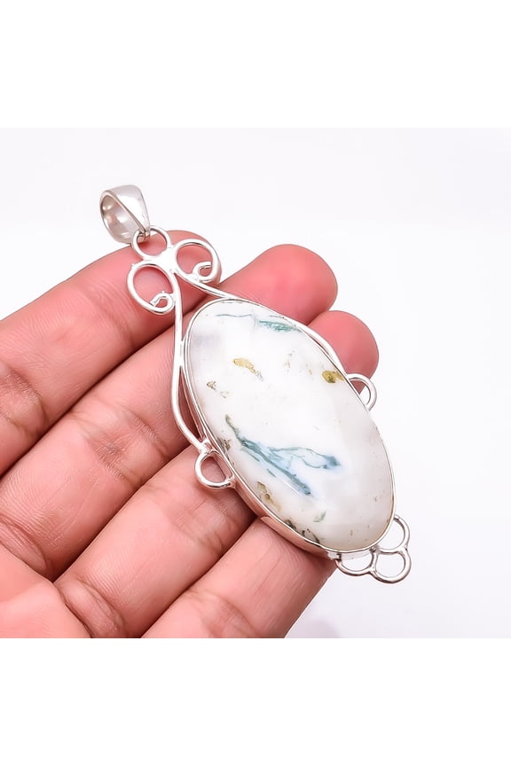 Moss Agate - India Designer Handmade 925 Sterling Silver Pendant 3.12" P25