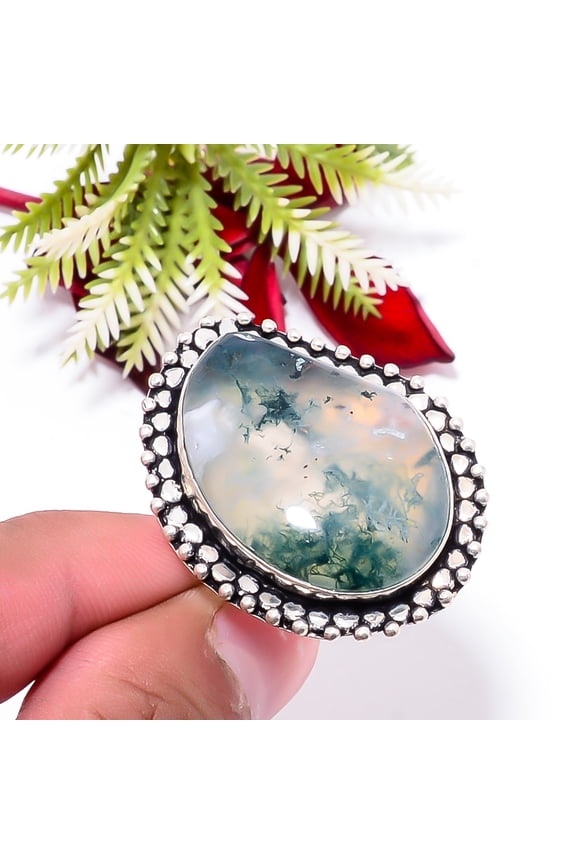 Moss Agate - India Gemstone 925 Sterling Silver Handmade Ring S.10.5 R86