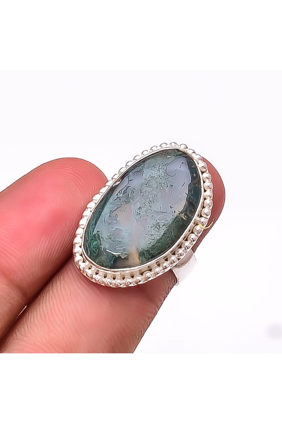 Moss Agate - India Gemstone 925 Sterling Silver Handmade Ring S.6.5 R5
