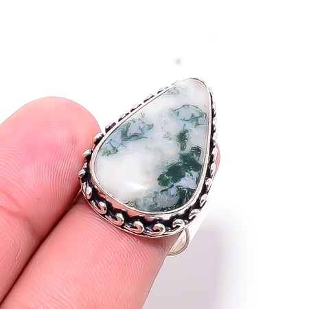 Moss Agate - India Gemstone 925 Sterling Silver Handmade Ring S.8 R11