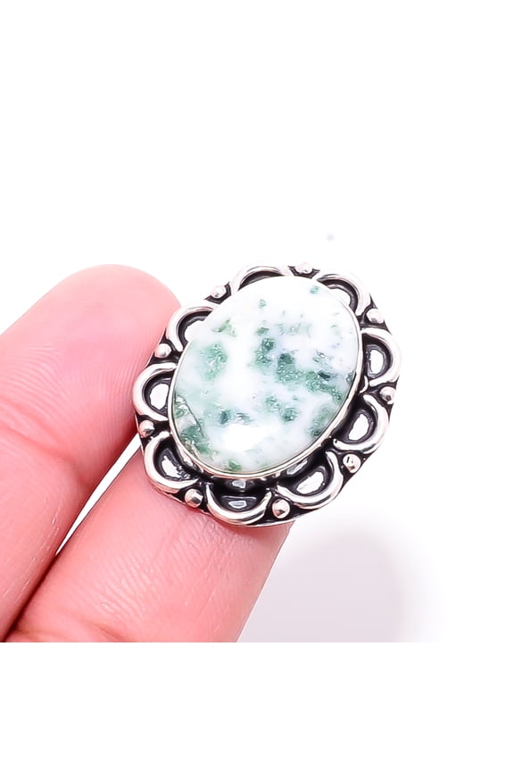 Moss Agate - India Gemstone 925 Sterling Silver Handmade Ring S.8 R4