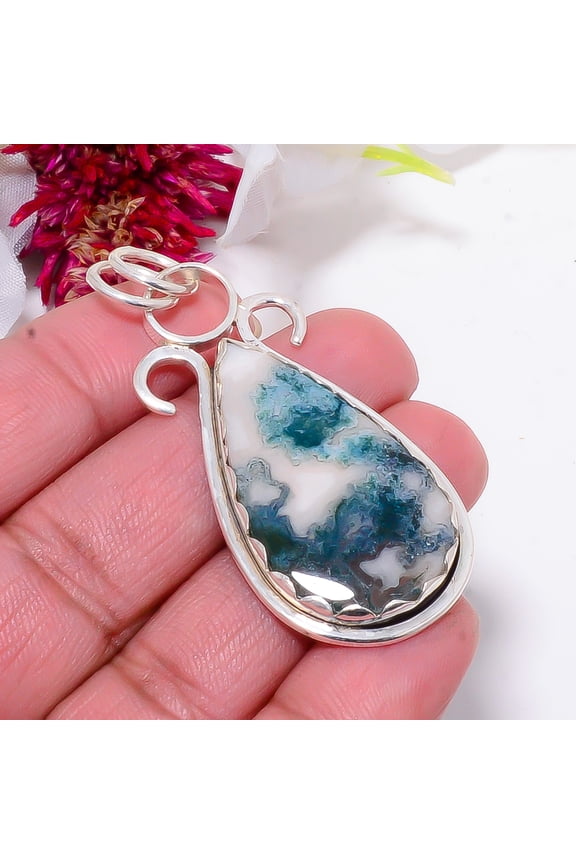 Moss Agate - India Gemstone 925 Sterling Silver Jewelry Pendant 2.26" Sku23, Green & White Pendant, Natural Gemstone Pendant