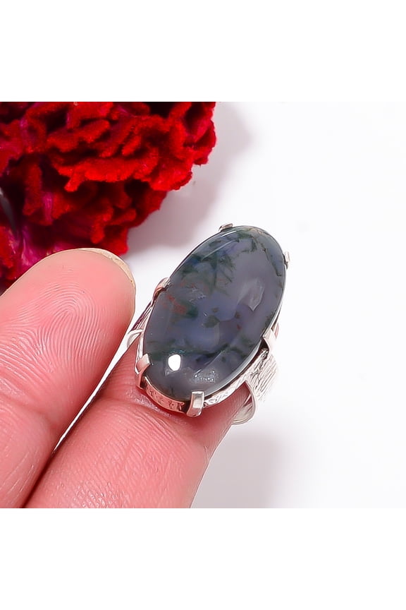 Moss Agate - India Gemstone 925 Sterling Silver Ring S.8 R97731, Christmas Gift